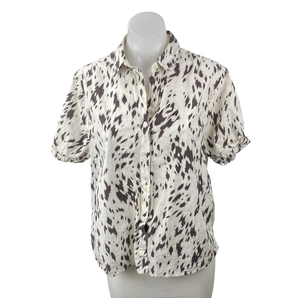 Aro Women's Abstract Print Collared Short Sleeve Button Down Shirt Blouse Top S